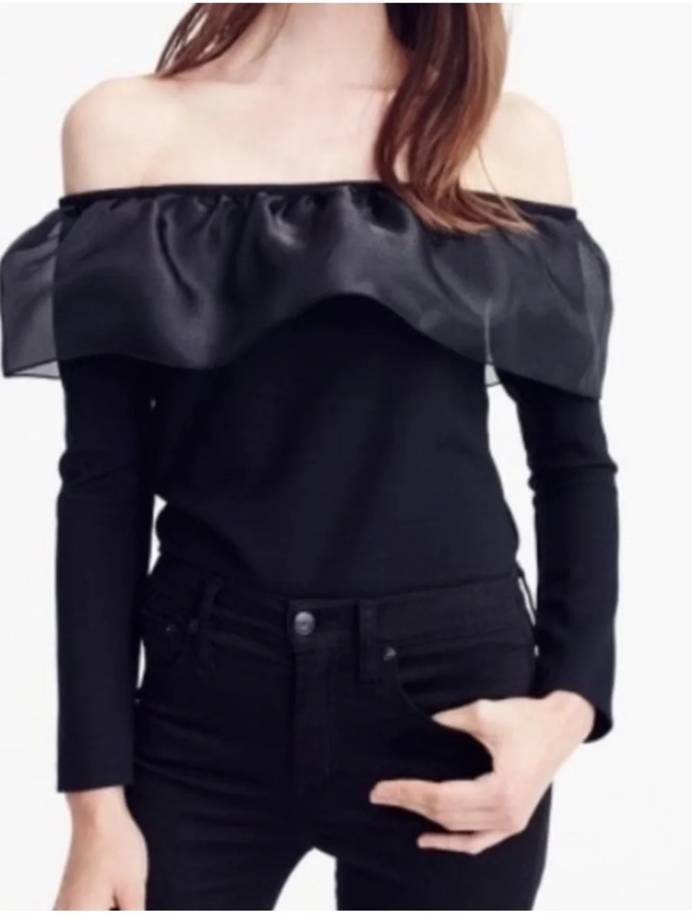 J.Crew Black Off The Shoulder Long Sleeve Ruffle Neckline Top Size M